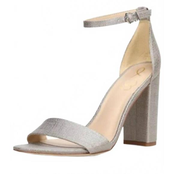 NEW SAM EDELMAN women's yaro ankle strap block heel sandal in pewter metallic